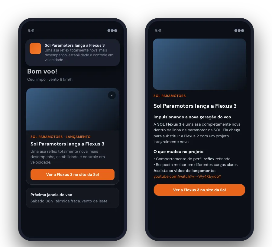 Telas do app XC Fly com a notícia de um parceiro em destaque e aberta