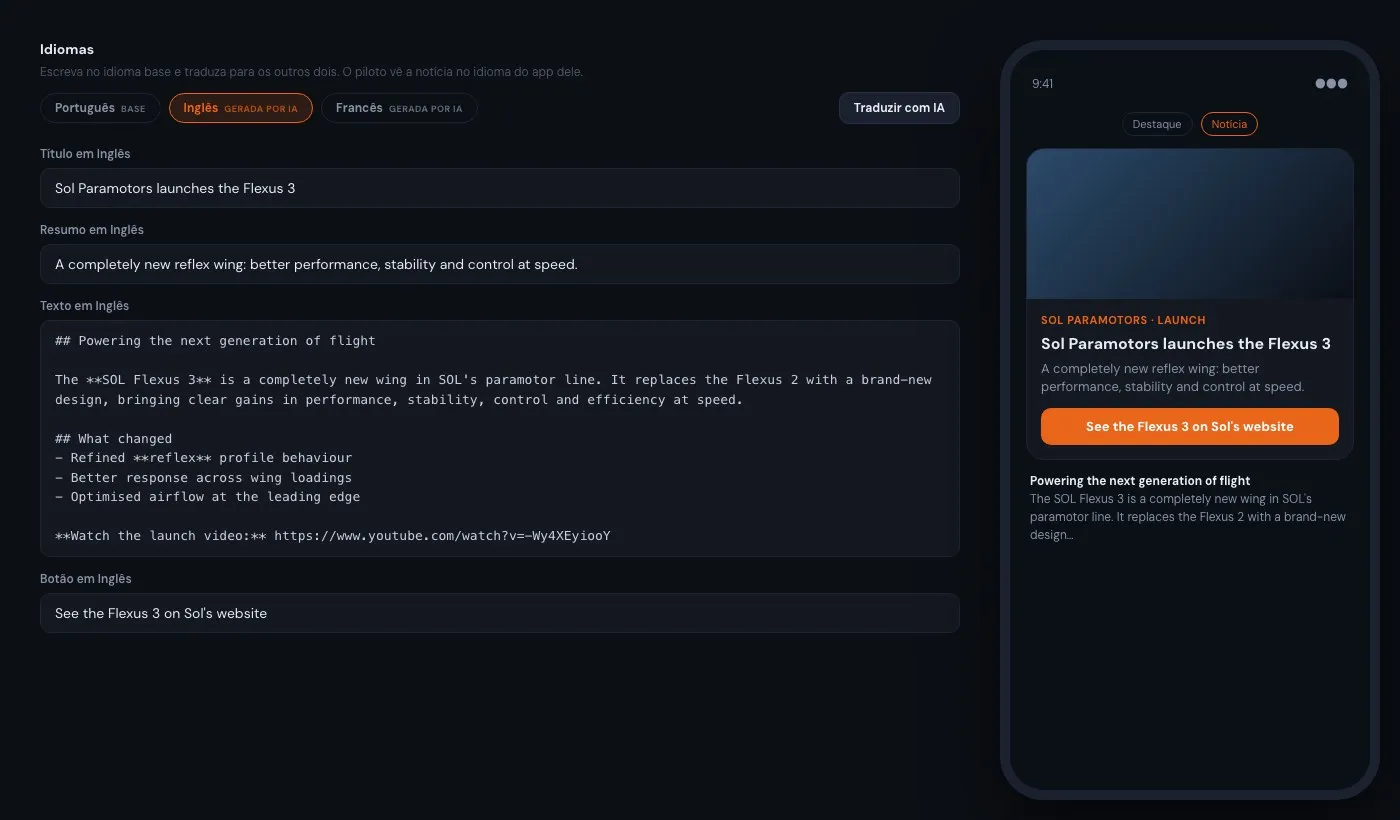 Editor da publicação com abas de idioma e prévia em moldura de celular