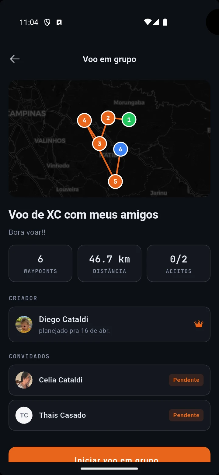 Tela de voo em grupo com lista de convidados e botão de iniciar
